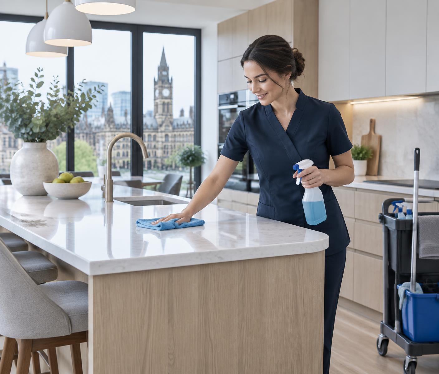 A NiyoClean professional carefully cleaning a bright kitchen