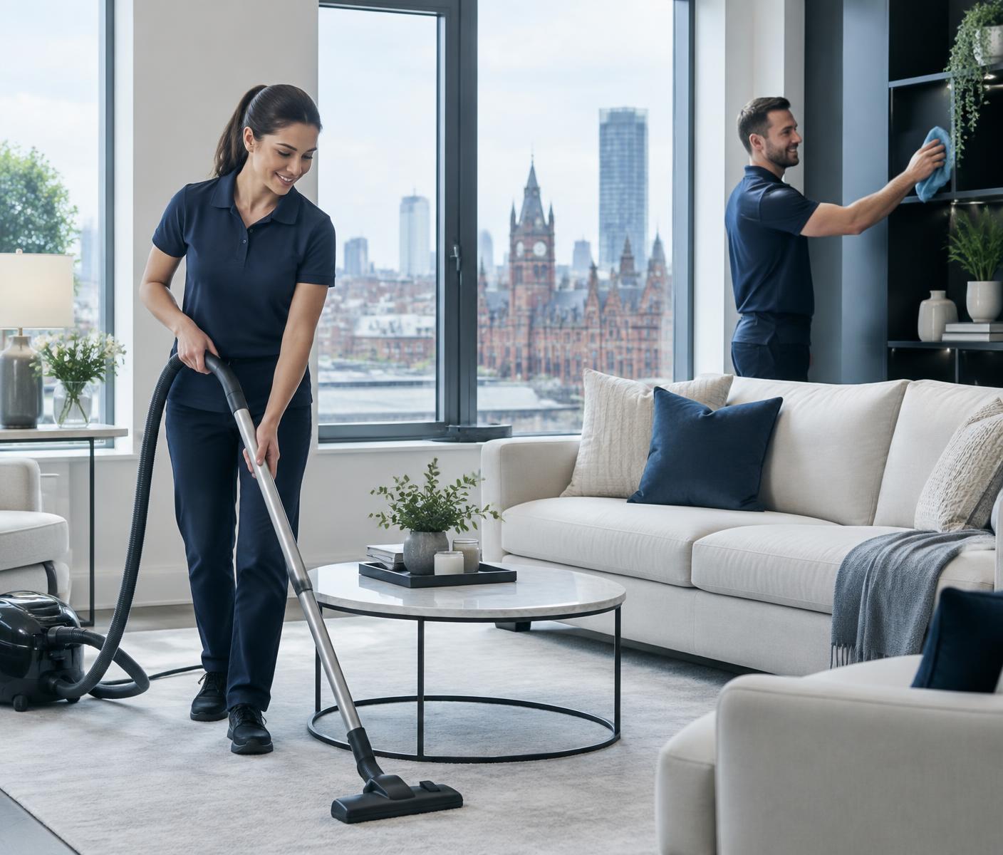 Two professional cleaners caring for a modern living room